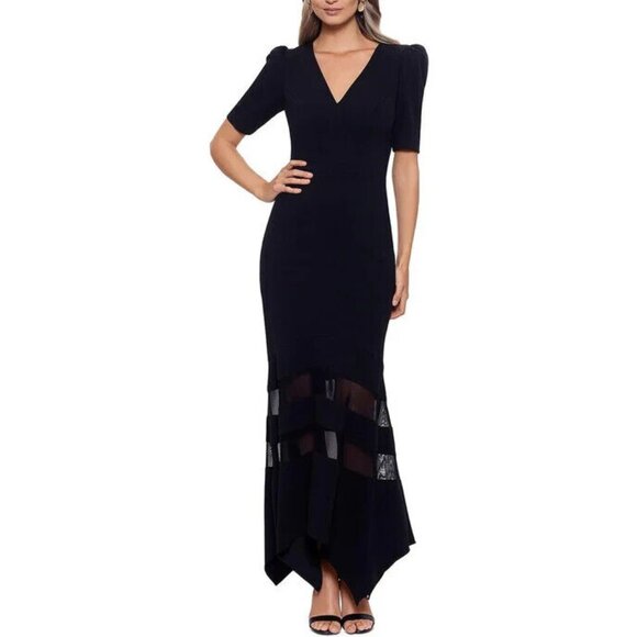 Xscape Black V-Neck Short Sleeve Illusion Scuba Gown